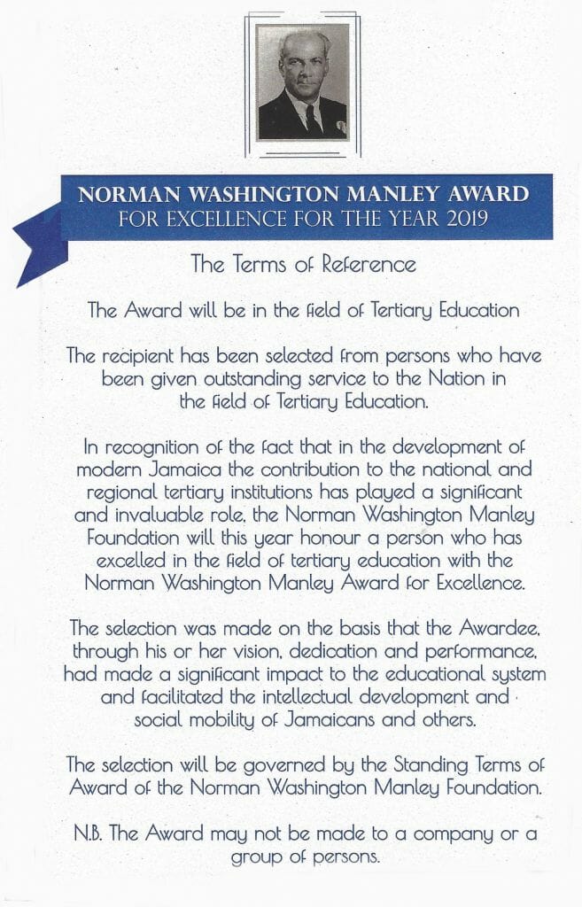 Citation for Norman Washington Manley award for excellence for the year 2019. presented to Errol Miller.